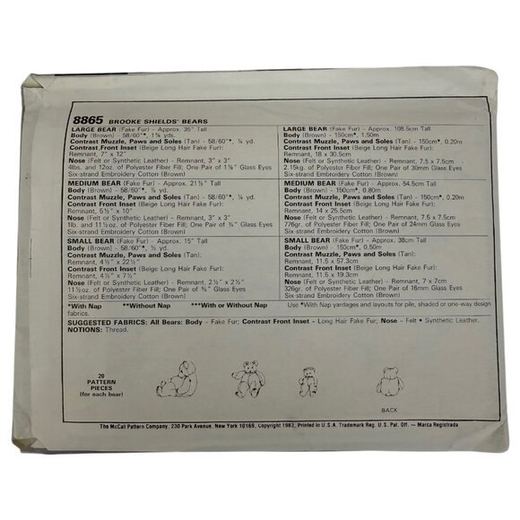 McCalls 8865 713 Brooke Shield Moon Bears Sewing Pattern 3 Sizes Uncut 15” - 35” - Picture 6 of 6